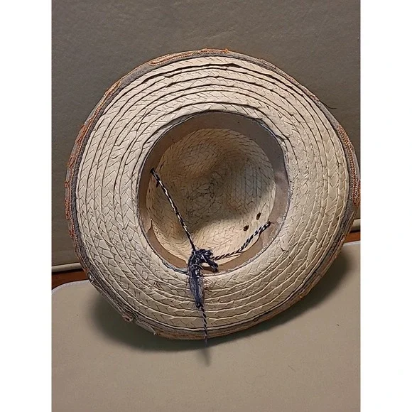 Vintage Straw Hat Woven With Design Embroidered Orange‎ Yellow Small 7" Opening - Picture 7 of 16